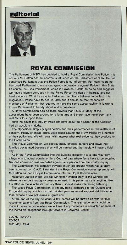 On the recommendation of the police commissioner a <b>Royal</b> <b>Commission</b>, conducted by G. . Wood royal commission transcript